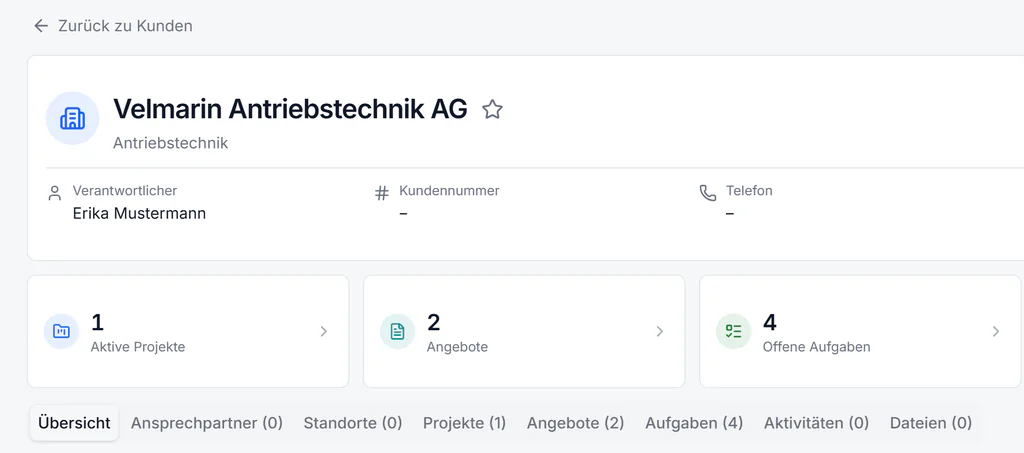 Vencito Kundenansicht mit zugeordneten Projekten, Angeboten und Aufgaben, mit Beispieldaten